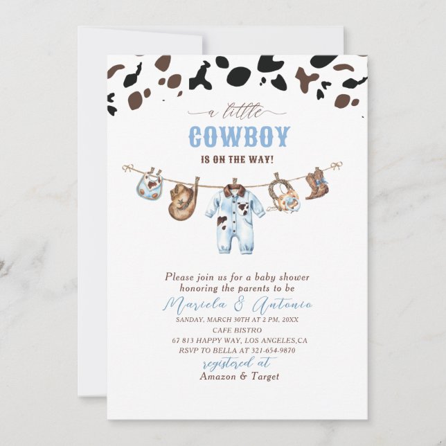 Invitación Elegante acuarela azul pequeño Cowboy Baby Shower (Anverso)