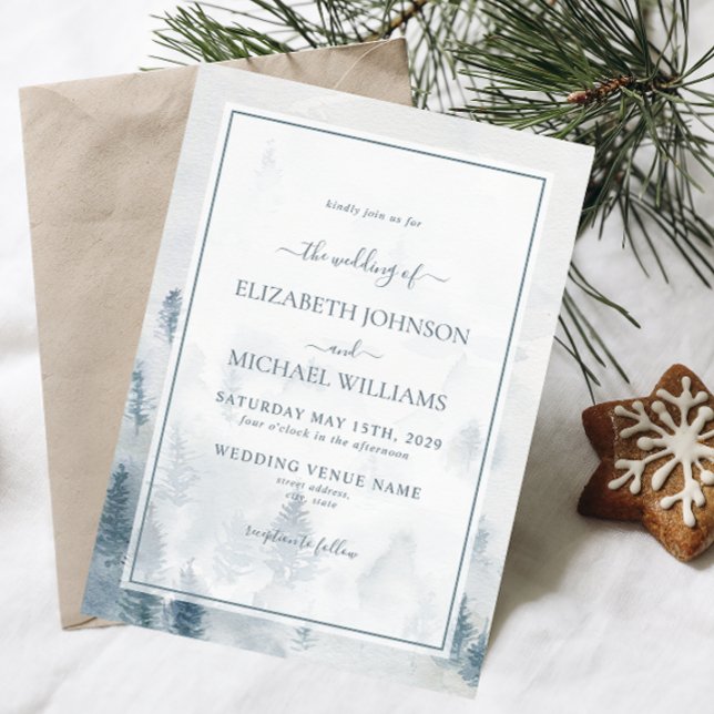 Invitación Elegante acuarela azul Pine Trees Boda de Invierno (Winter Wedding Invitation)