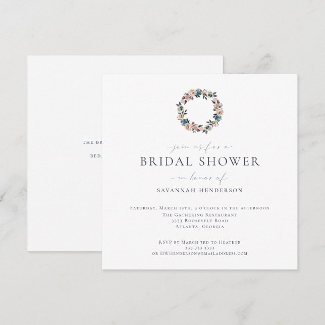 Invitación Elegante acuarela Azul rosa Wreath Bridal Ducha (Anverso / Reverso)
