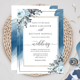 Invitación Elegante acuarela azul y Boda floral azul