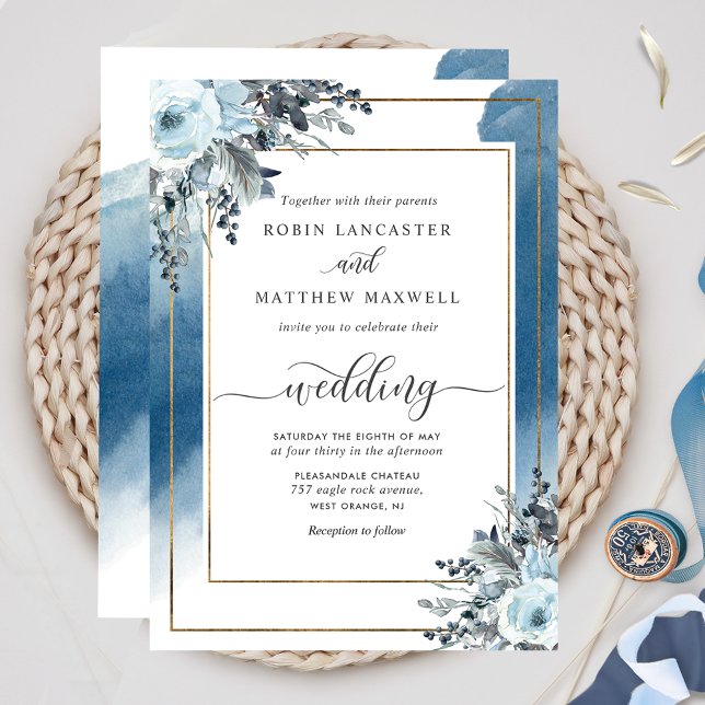 Invitación Elegante acuarela azul y Boda floral azul (Subido por el creador)