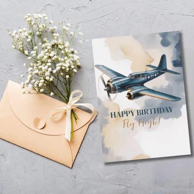 Invitación Elegante acuarela azul y dorada de avión de cumple (Subido por el creador)