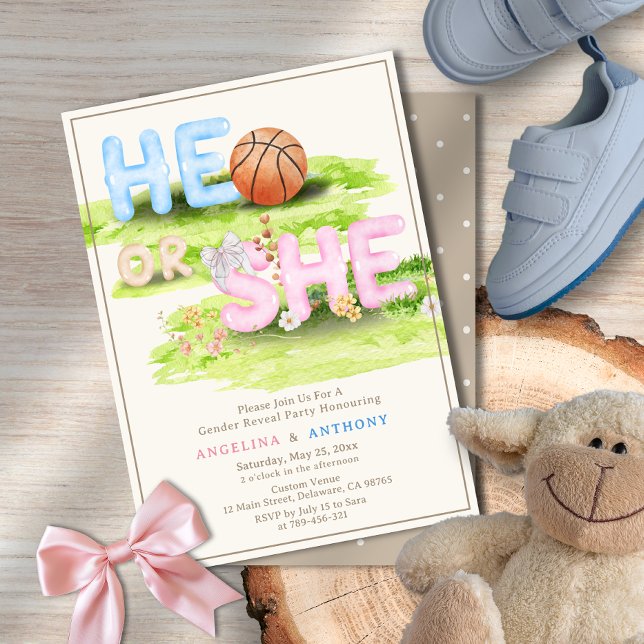 Invitación Elegante acuarela baloncesto de básquetbol dobla a (Elegant Watercolor Basketball Bow He or She Invitation)