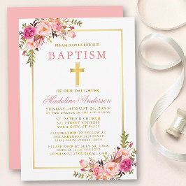 Invitación Elegante acuarela Bautismo Floral Rosa