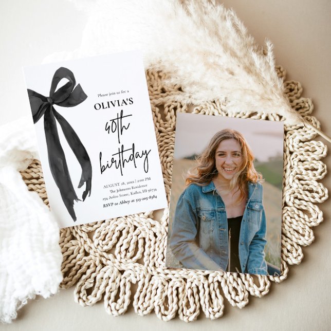 Invitación Elegante acuarela Black Bow 40 cumpleaños Fiesta (Watercolor Modern Elegant Coquette Black Bow Photo 40th Birthday Party Invitation)