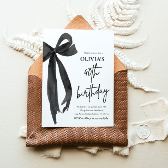 Invitación Elegante acuarela Black Bow 40 cumpleaños Fiesta (Watercolor Modern Elegant Coquette Black Bow Photo 40th Birthday Party Invitation)