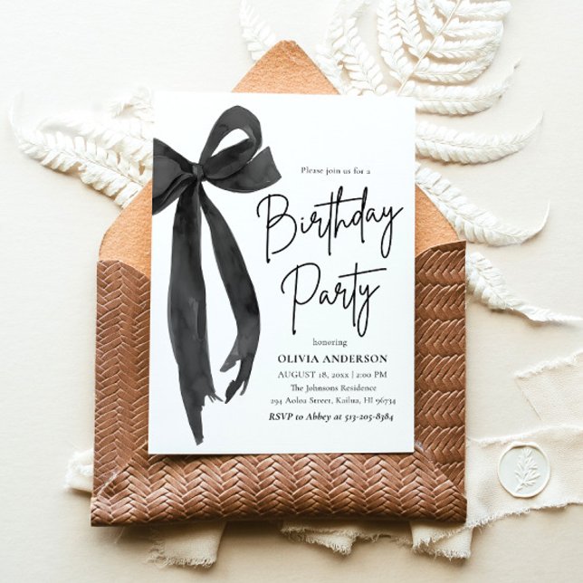 Invitación Elegante acuarela Black Bow Birday Party (Watercolor Modern Elegant Coquette Black Bow Birthday Party Invitation)
