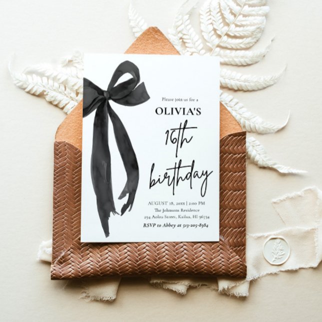 Invitación Elegante acuarela Black Bow Fiesta de cumpleaños 1 (Watercolor Modern Elegant Coquette Black Bow Photo 16th Birthday Party Invitation)