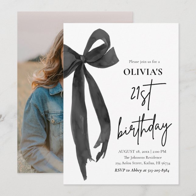 Invitación Elegante acuarela Black Bow Fiesta de cumpleaños 2 (Anverso / Reverso)