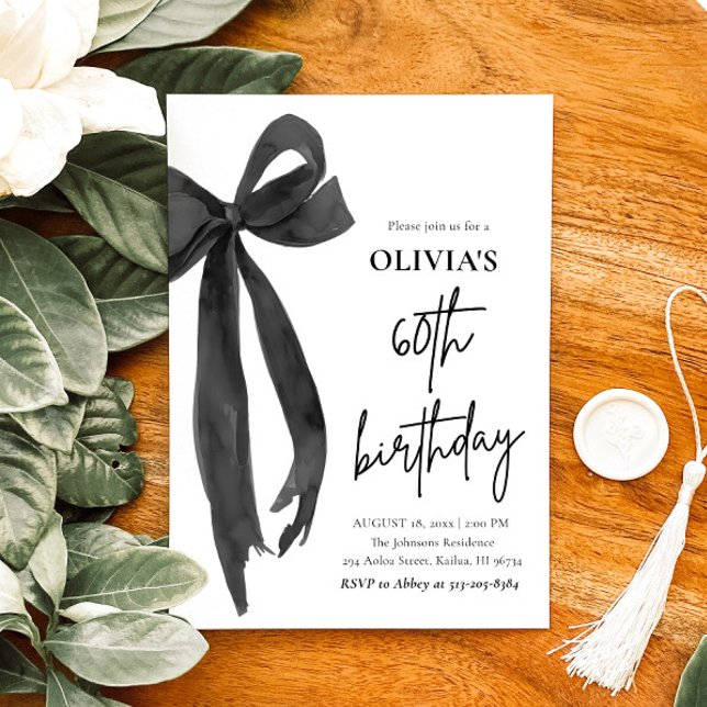 Invitación Elegante acuarela Black Bow fiesta de cumpleaños n (Watercolor Modern Elegant Coquette Black Bow Photo 60th Birthday Party Invitation)