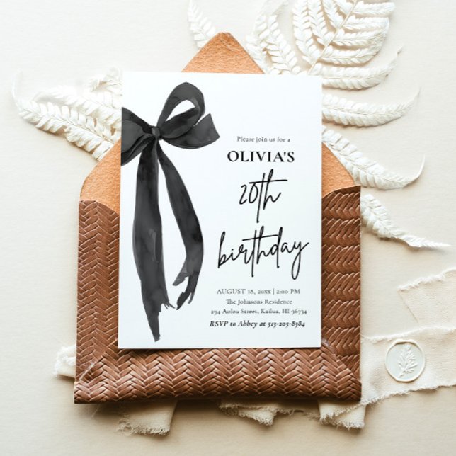 Invitación Elegante acuarela Black Bow fiesta de cumpleaños n (Watercolor Modern Elegant Coquette Black Bow Photo 20th Birthday Party Invitation)