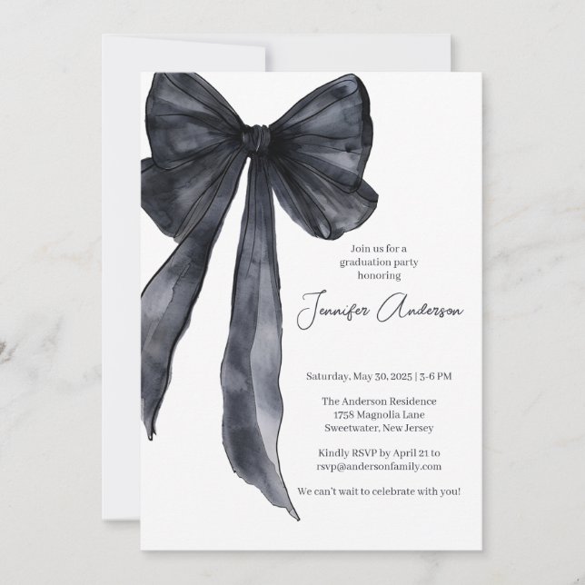 Invitación Elegante acuarela Black Bow Graduation Party (Anverso)