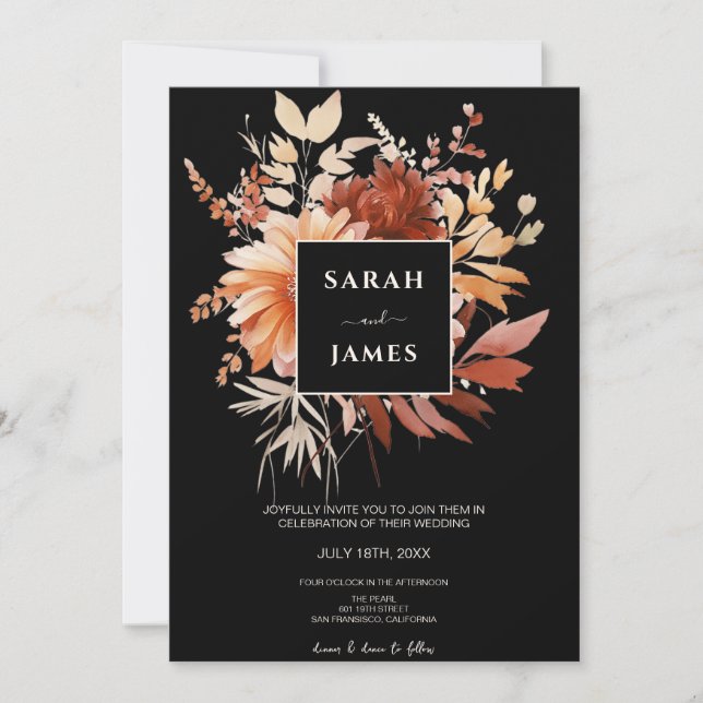 Invitación Elegante acuarela Black Floral Fall Wedding (Anverso)