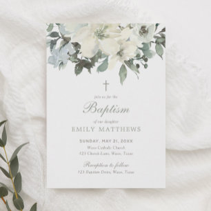 Invitación Elegante acuarela blanca Flores Verdor Bautismo