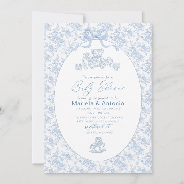 Invitación Elegante acuarela Blue Bow Toys Boy Baby Shower (Anverso)