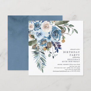 Invitación Elegante acuarela Blue Floral Birthday Party Invi