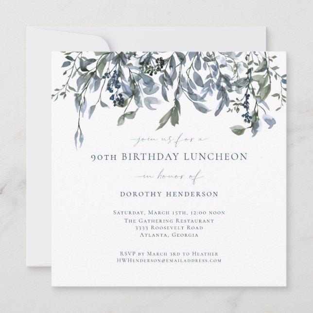 Invitación Elegante acuarela Blue Floral Vines 90 cumpleaños (Anverso)
