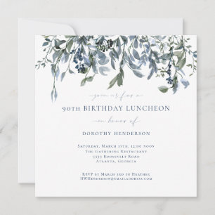 Invitación Elegante acuarela Blue Floral Vines 90 cumpleaños
