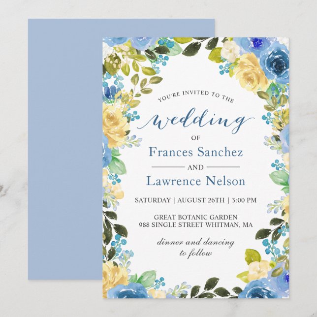 Invitación Elegante acuarela Blue Yellow Rose Garden Wedding (Anverso / Reverso)