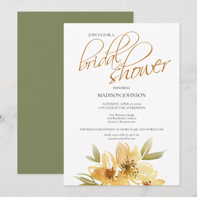 Invitación Elegante acuarela Boda amarillo ducha de novia (Anverso / Reverso)