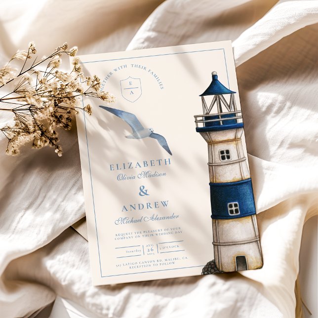 Invitación Elegante acuarela Boda de faro náutico (Subido por el creador)