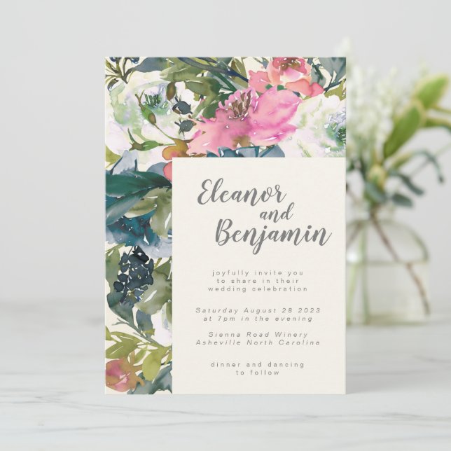 Invitación Elegante acuarela Boda de florecimiento florístico (Anverso de pie)