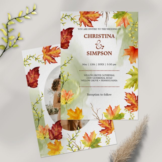 Invitación Elegante acuarela Boda de fotografía de otoño (Elegant Yellow Leaves Autumn Photo Wedding Invitation)