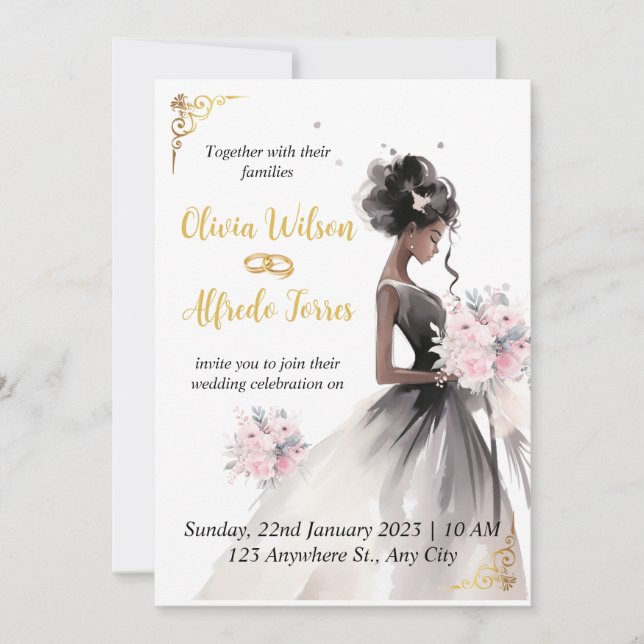 Invitación Elegante acuarela Boda de novias afroamericano (Anverso)