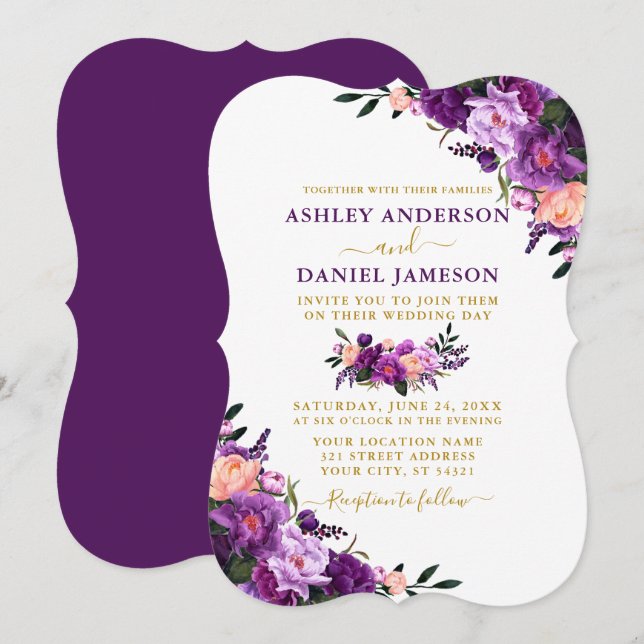 Invitación Elegante acuarela Boda de oro morado floral (Anverso / Reverso)