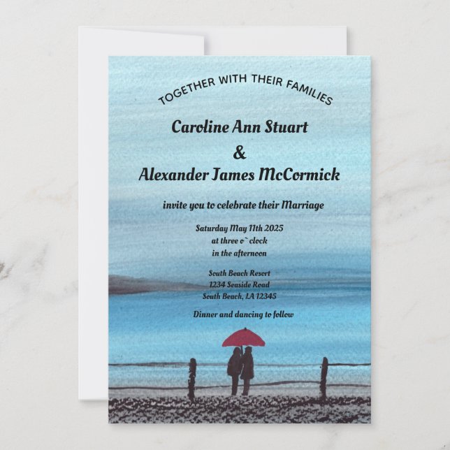 Invitación Elegante acuarela Boda de Paraguas Rojos (Anverso)