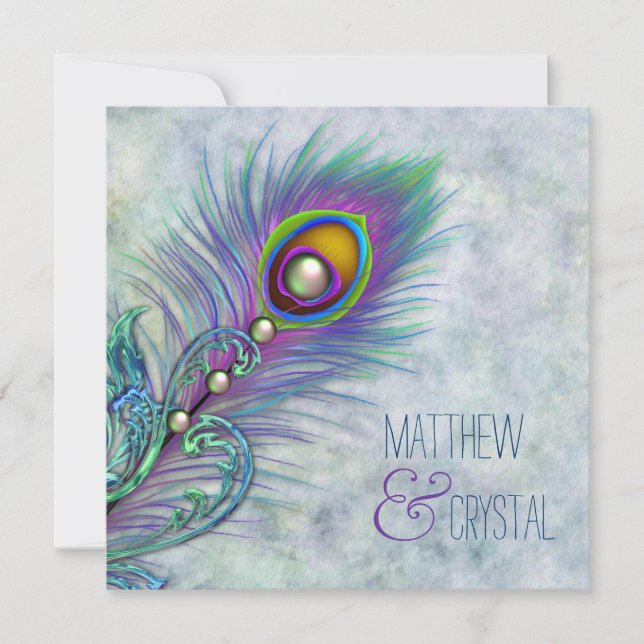 Invitación Elegante acuarela Boda de pavo real (Anverso)