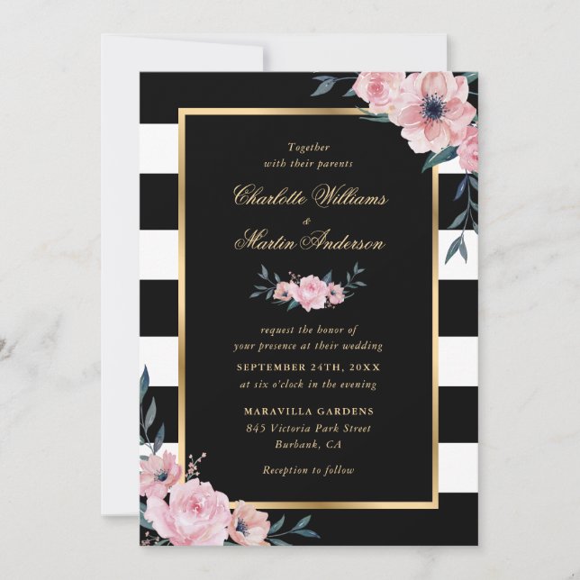 Invitación Elegante acuarela Boda de rayas florales rosadas (Anverso)