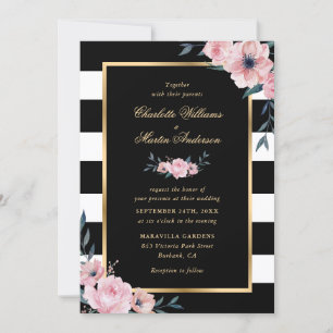 Invitación Elegante acuarela Boda de rayas florales rosadas