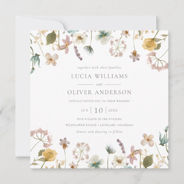 Invitación Elegante acuarela Boda de Wildflower Square (Anverso)