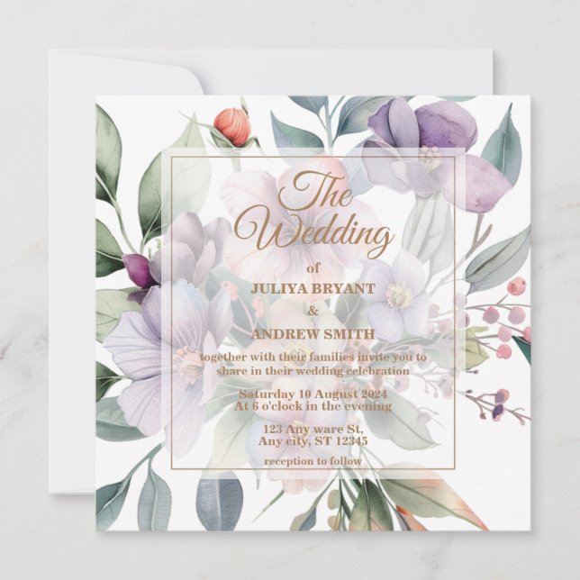 Invitación Elegante acuarela Boda floral botánico (Anverso)