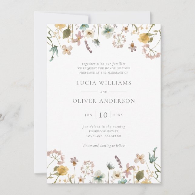 Invitación Elegante acuarela Boda Floral de flores silvestres (Anverso)