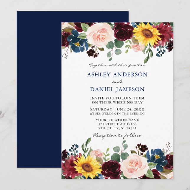 Invitación Elegante acuarela Boda floral mixto azul (Anverso / Reverso)