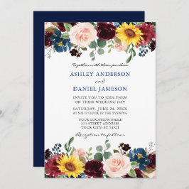 Invitación Elegante acuarela Boda floral mixto azul