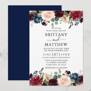 Invitación Elegante acuarela Boda floral mixto azul