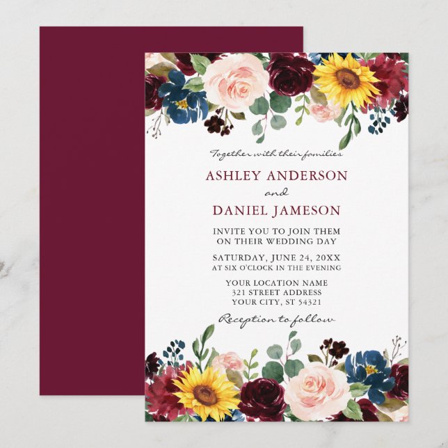 Invitación Elegante acuarela Boda floral mixto Borgoña (Anverso / Reverso)