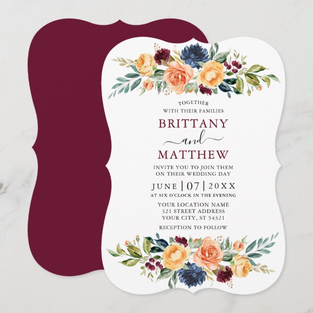 Invitación Elegante acuarela Boda floral mixto Borgoña (Anverso / Reverso)
