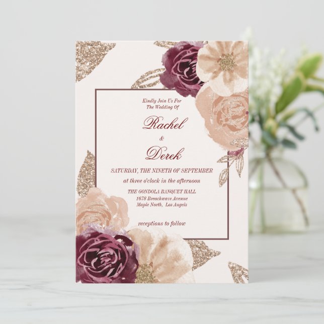 Invitación Elegante acuarela Boda floral rosa borgoña (Anverso de pie)