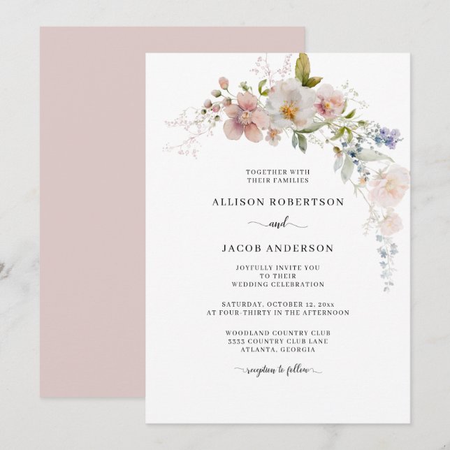 Invitación Elegante acuarela Boda floral rosa de flores silve (Anverso / Reverso)