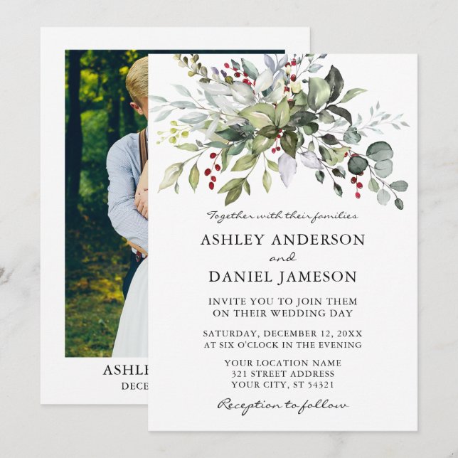 Invitación Elegante acuarela Boda fotográfico de invierno (Anverso / Reverso)