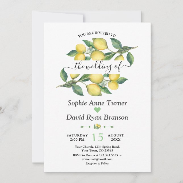 Invitación Elegante acuarela Boda mediterráneo limón (Anverso)