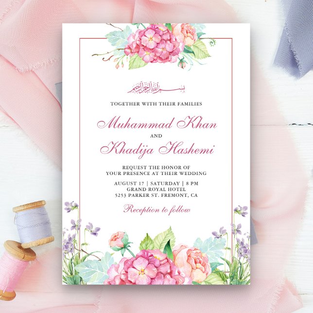 Invitación Elegante acuarela Boda musulmana rosa floral (Subido por el creador)