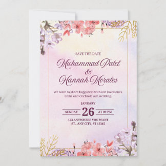 Invitación Elegante acuarela Boda rosa y morado invitada