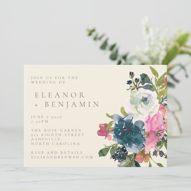 Invitación Elegante acuarela Boho Boda floral de la Marina Ro (Anverso de pie)