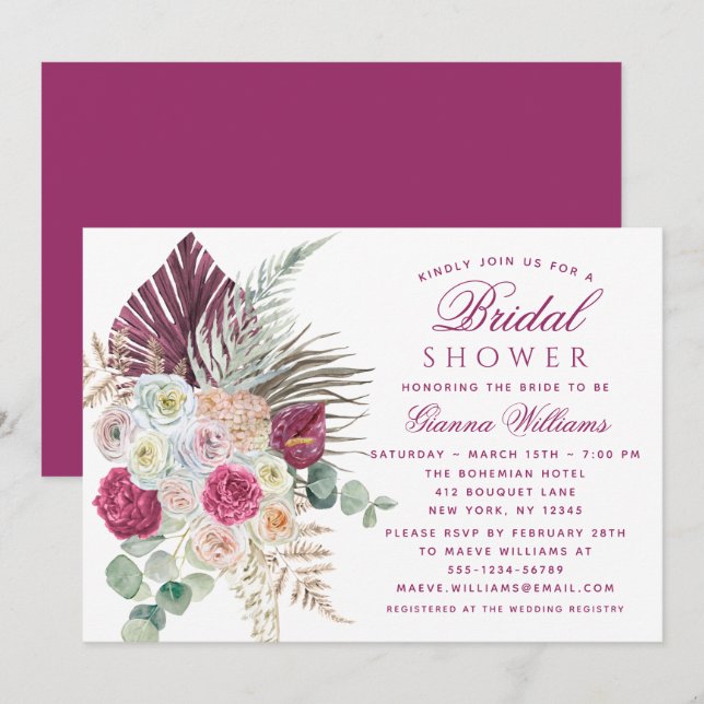Invitación Elegante acuarela Boho Floral Bridal Shower (Anverso / Reverso)
