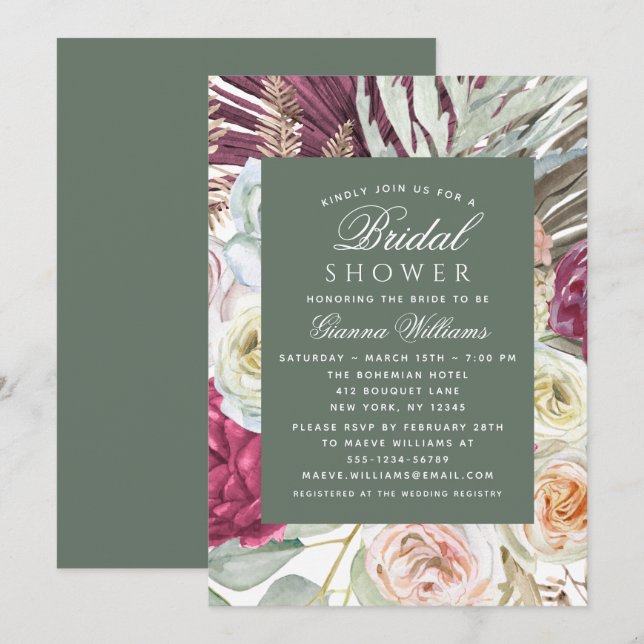Invitación Elegante acuarela Boho Floral Bridal Shower (Anverso / Reverso)